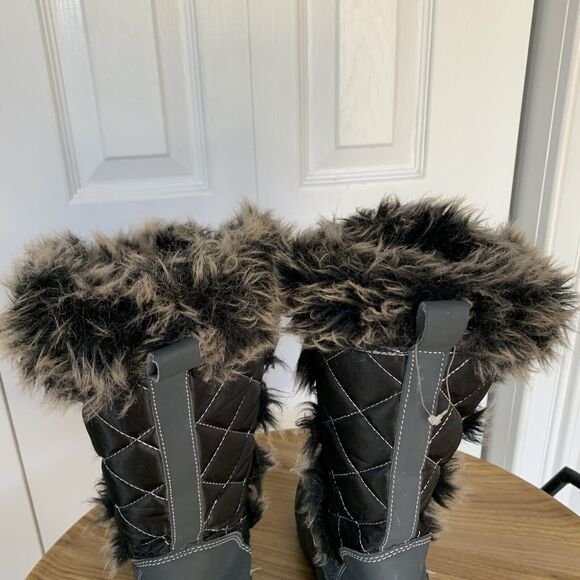 Women Lace Up Black Fur Trim Lined Winter Snow Boots Size 6 M Gray Khombu - Picture 6 of 16